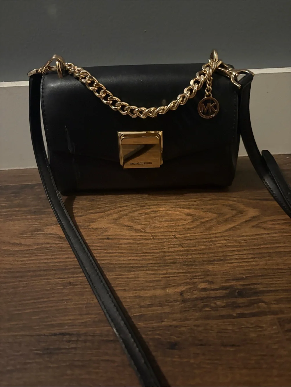 Michael Kors Black Leather Crossbody with Gold Chain and MK Charm